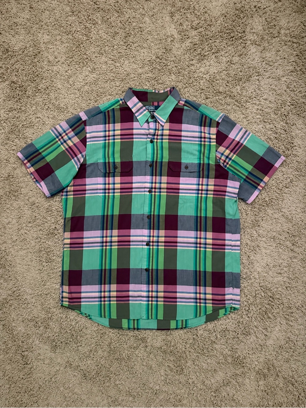 Vintage 90s Polo Ralph Lauren Shirt Mens XL Indian Madras Short Sleeve Button Up